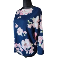 Granatowa bluzka Kimono w łódeczkę ze wzorem - białe magnolie